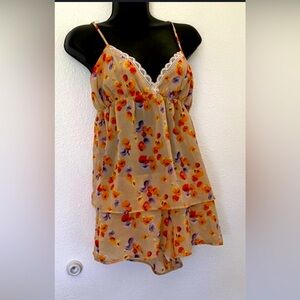 Gilligan & O’Malley Floral Satin Pajama Set - Lace Trim Camisole & Shorts Size M